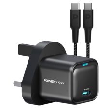 Powerology 20W Single C Port PD Charger UK with Type C to C 60W cable - Black