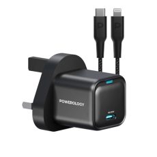 Powerology 20W Single C Port PD Charger UK with Type C to Lightining MFI 27W cable - Black