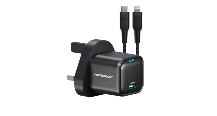 Powerology 20W Single C Port PD Charger UK with Type C to Lightining MFI 27W cable - Black