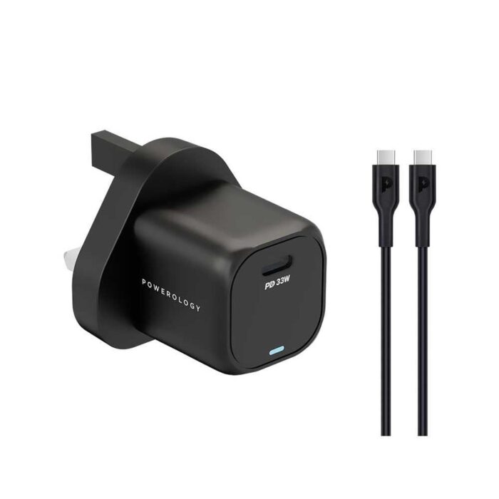 Powerology 33W Gan Pd Charger With Type-C To Type-C 1.2M Cable - Black | Signals Electronics Powerology 33W GaN PD Charger with Type-C to Type-C 1.2m Cable - Black