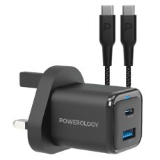 Powerology 35W PD QC 1xUSB-C 35W and 1xUSB-A 18W GaN Charger UK -with Type C to C 60W -Black