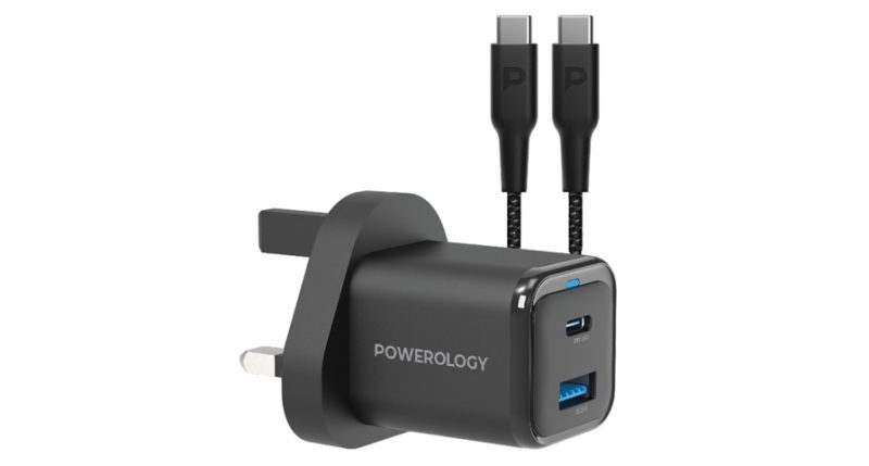 Powerology 35W Pd Qc 1Xusb-C 35W And 1Xusb-A 18W Gan Charger Uk -With Type C To C 60W -Black | Signals Electronics Powerology 35W PD QC 1xUSB-C 35W and 1xUSB-A 18W GaN Charger UK -with Type C to C 60W -Black