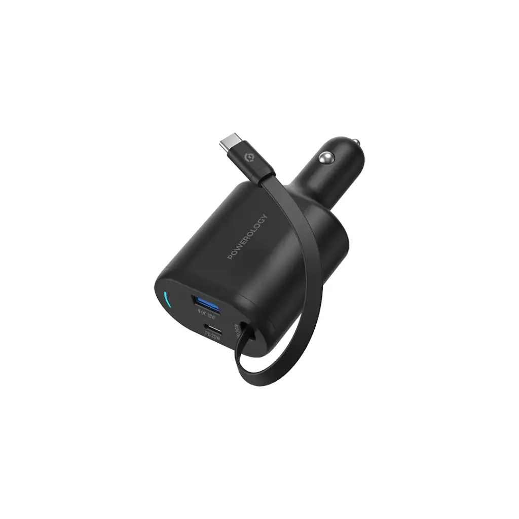 Powerology Type-C Retractable Car Charger 70W - Black