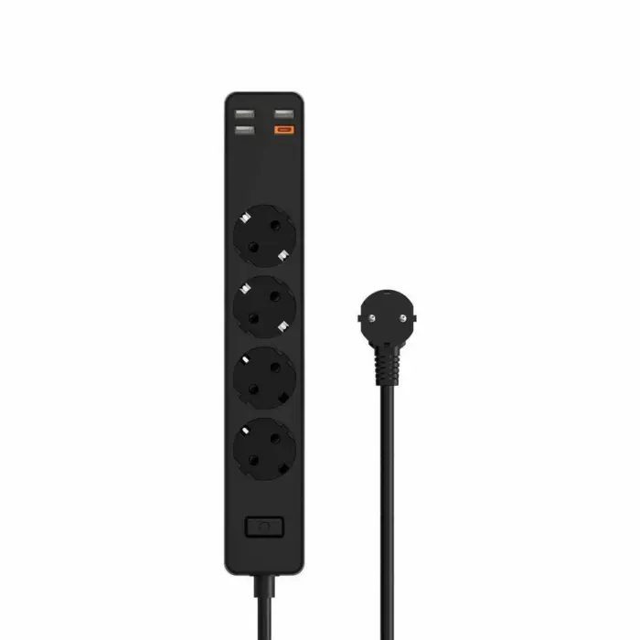 مقبس طاقة أمان Wiwu بأربعة مواضع مع مفتاح و3 منافذ USB باللون الأسود
