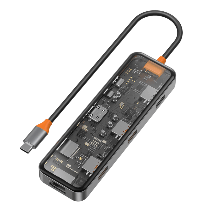 موزع Wiwu Cyber 8 في 1 من النوع C بقدرة 100 وات يدعم الشحن بمظهر شفاف وبطاقة Sd وRj45 وHdmi وUsb | Signals Electronics موزع Wiwu Cyber 8 في 1 من النوع C بقدرة 100 وات يدعم الشحن بمظهر شفاف وبطاقة SD وRJ45 وHdmi وUsb