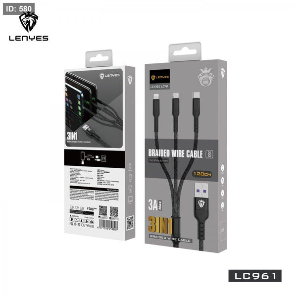 Lenyes Lc961 – 3-In-1 Fast Charging Cable (Usb-C + Lightning + Micro) | Signals Electronics Lenyes LC961 – 3-in-1 Fast Charging Cable (USB-C + Lightning + Micro)